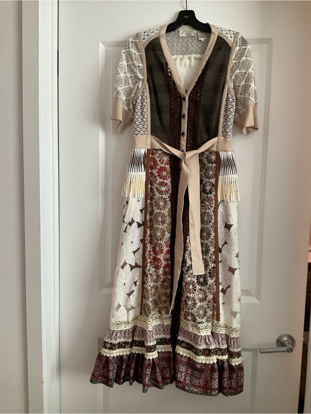Byron Lars Mixed Lace & Embroidered Maxi Dress in Beige, Brown and Cream